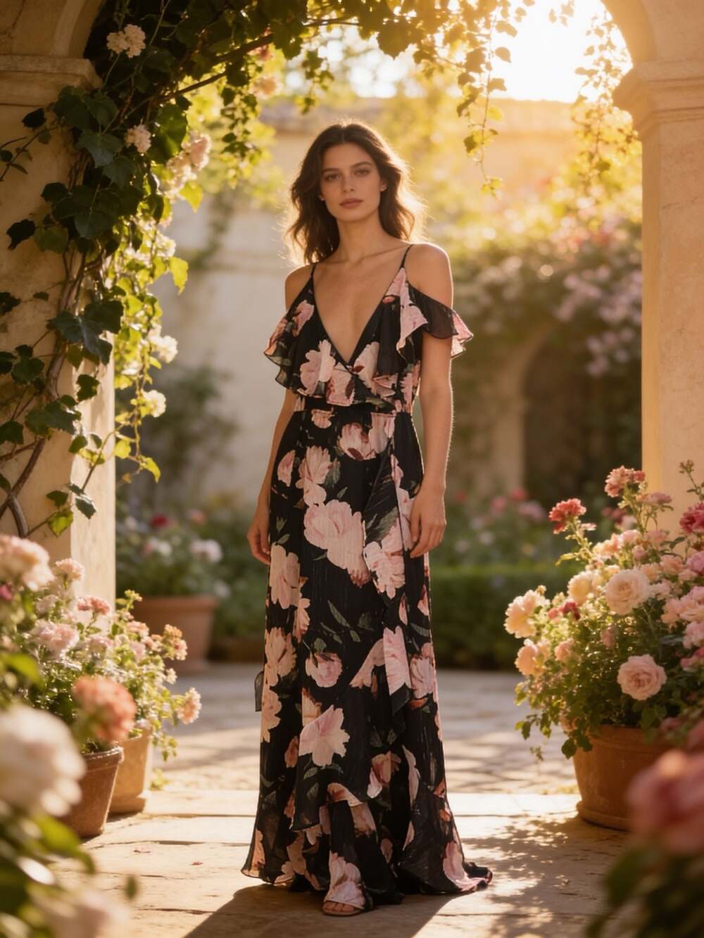 Jennifer Lopez Women's Floral Print Cold-Shoulder Ruffle Maxi Dress